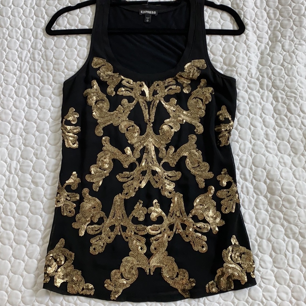 Express women XS solid black and gold sequin design tank top sleveless elegant